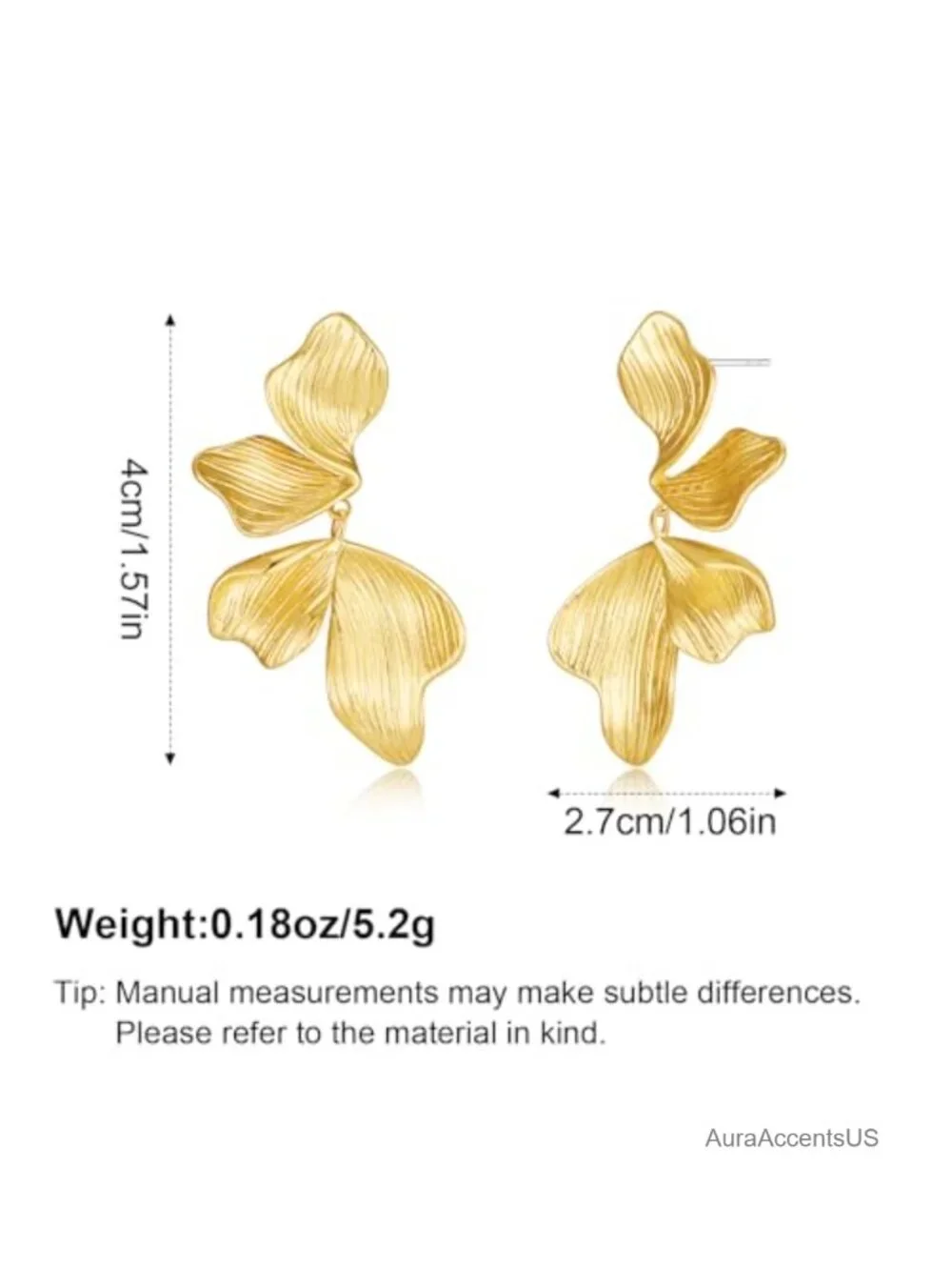 18K Gold Plated Textured Leaf Drop Earrings Statement Dangle Floral Petal